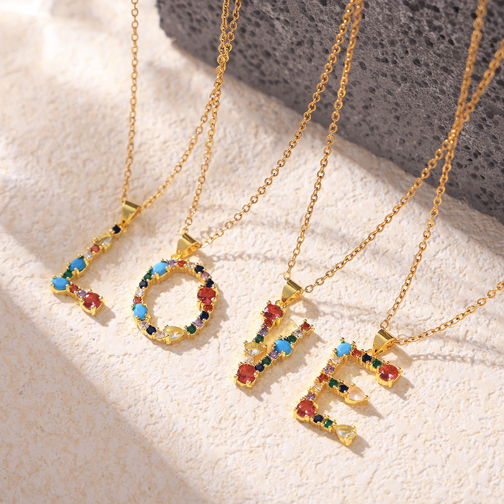 Wholesale Copper micro-inlaid colored zircon 26 English letters individual pendant niche hip-hop clavicle chain